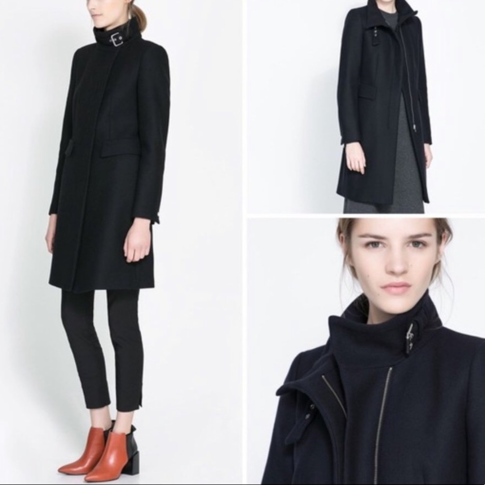 ZARA Black Wool Buckle Neck Zip Front Long Sleeve Peacoat Size Small